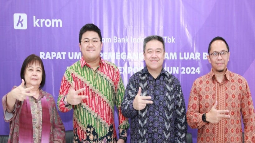 Jajaran direksi PT Krom Bank Indonesia yang terdiri dari Direktur Laniwati Tjandra, Direktur Alvin James Kurniawan, Presiden Direktur Krom Bank Anton Hermawan, dan Direktur Wisaksana Djawisaat acara Paparan Publik Krom Bank 2024 pada Selasa (5/11/2024)./Dok: Krom Bank