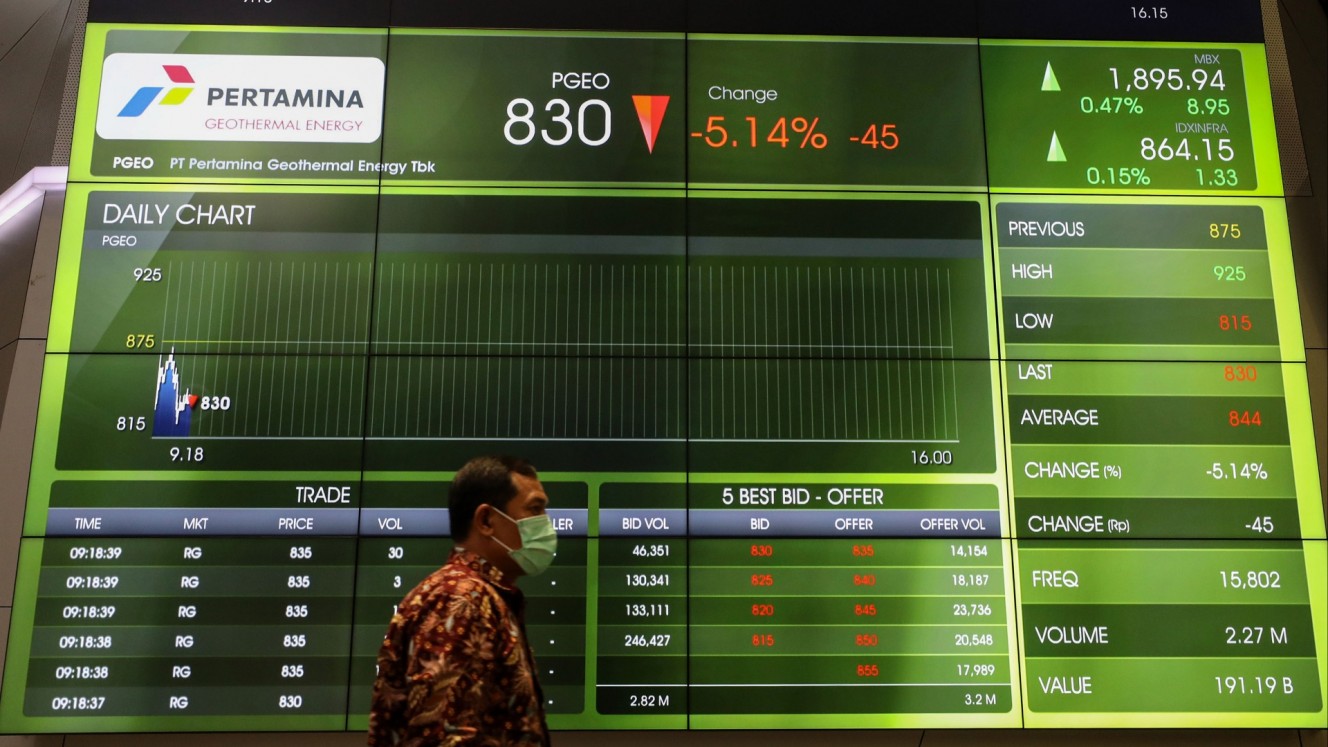 Karyawan melintas di dekat papan elektronik yang menampilkan pergerakan saham PT Pertamina Geothermal Energy Tbk. (PGEO) di Bursa Efek Indonesia, Jakarta, Jumat (24/2/2023). /Bisnis/Eusebio Chrysnamurti