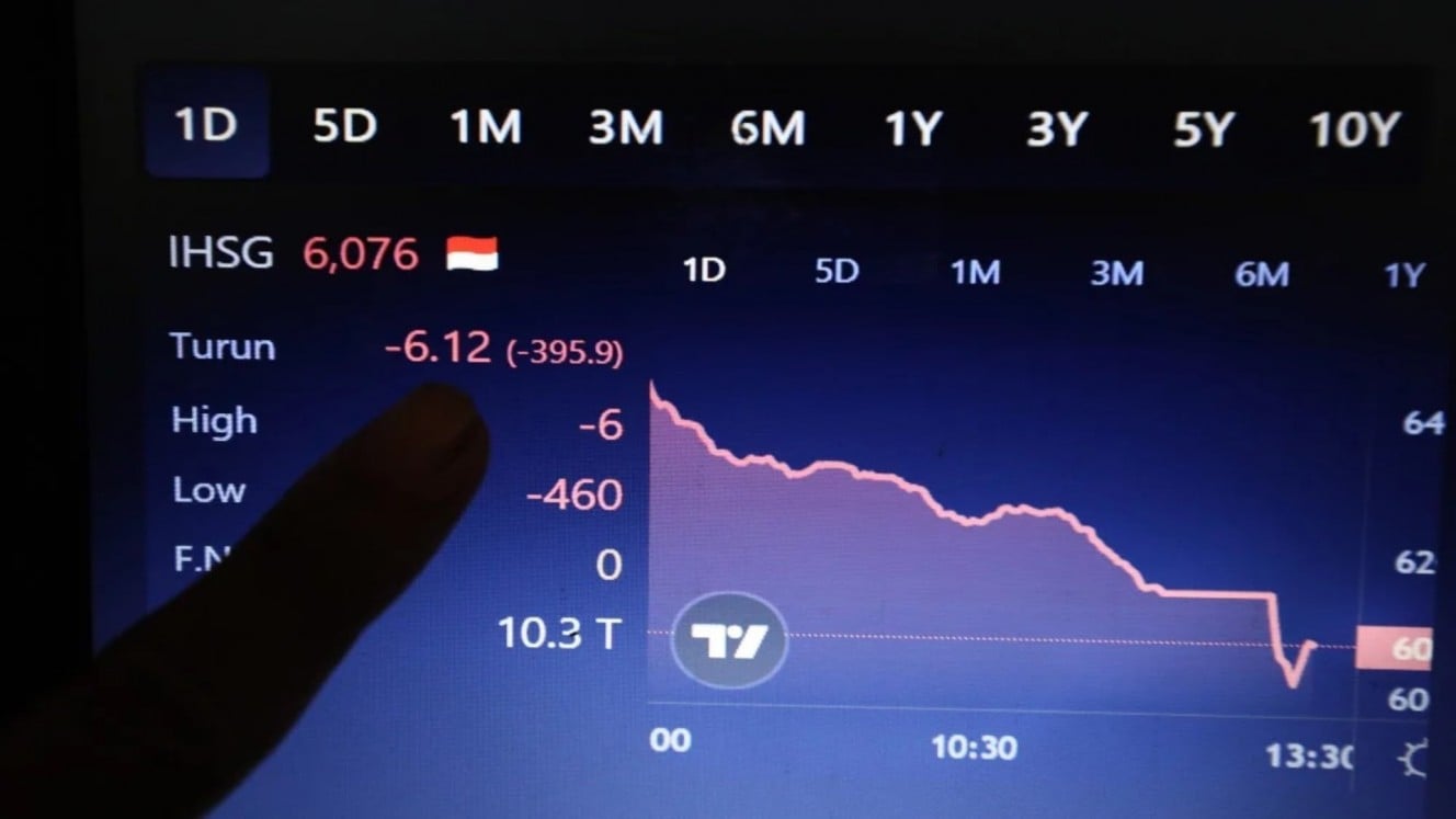 Investor mengamati pergerakan Indeks Harga Saham Gabungan (IHSG) di Jakarta, Selasa (18/3/2025). IHSG terjun bebas pada Selasa (18/3/2025) dan membuat BEI melakukan pembekuan perdagangan sementara atau trading halt. Trading halt ini merupakan trading halt pertama yang dilakukan BEI sejak 2020./JIBI/Bisnis/Eusebio Chrysnamurti