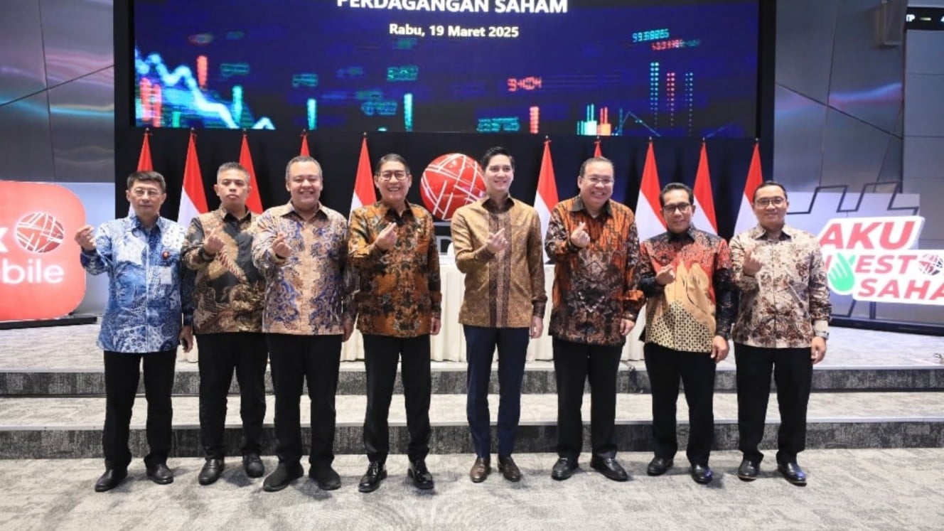 Otoritas Jasa Keuangan (OJK) dan Bursa Efek Indonesia (BEI) menggelar konferensi pers respons kebijakan dalam mengantisipasi volatilitas perdagangan saham di Main Hall BEI pada Rabu (19/3/2025).