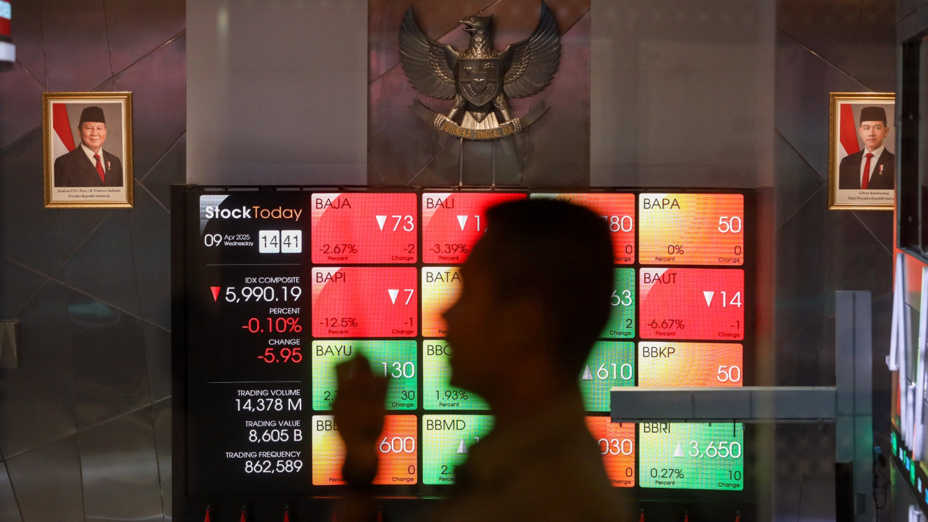 Karyawan beraktivitas di depan layar monitor yang menampilkan Indeks Harga Saham Gabungan (IHSG) di PT Bursa Efek Indonesia, Jakarta, Rabu (09/04/2025)./Bisnis/Eusebio Chrysnamurti