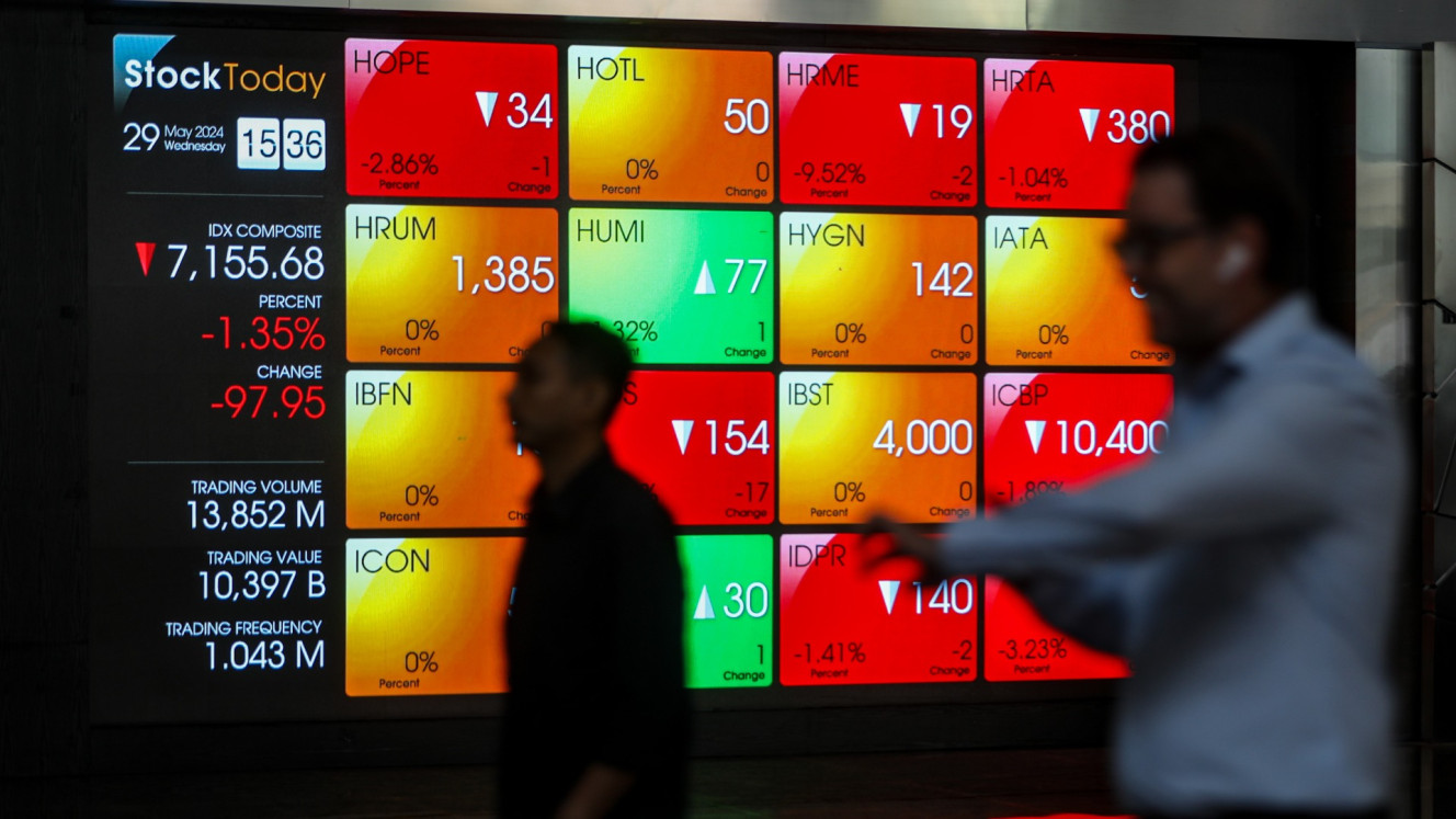 Karyawan melintas di depan papan elektronik yang menampilkan perdagangan saham di Bursa Efek Indonesia di Jakarta, Rabu (29/5/2024).//Bisnis/Abdurachman
