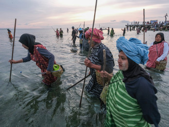Warga Desa Sombu Gelar Hekente, Tradisi Menombak Ikan di Laut Dangkal