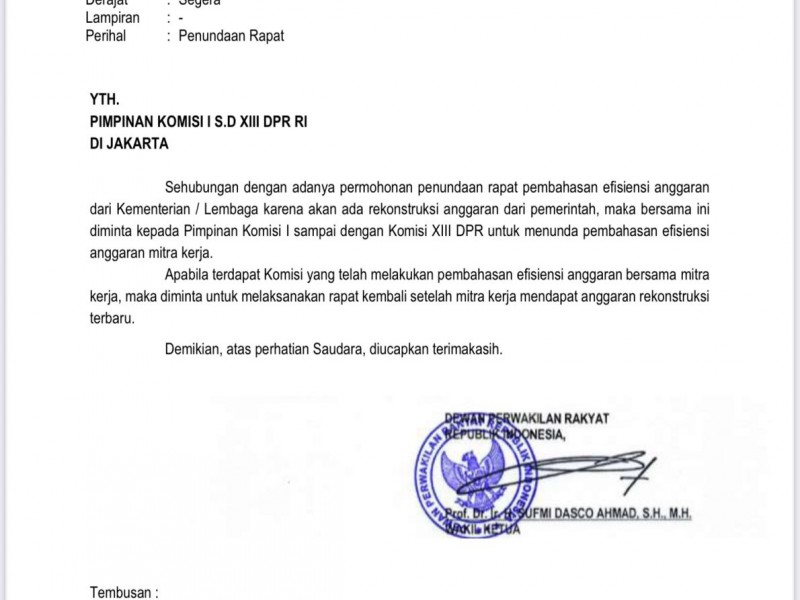 Surat pembatalan rapat efisiensi anggaran./Istimewa