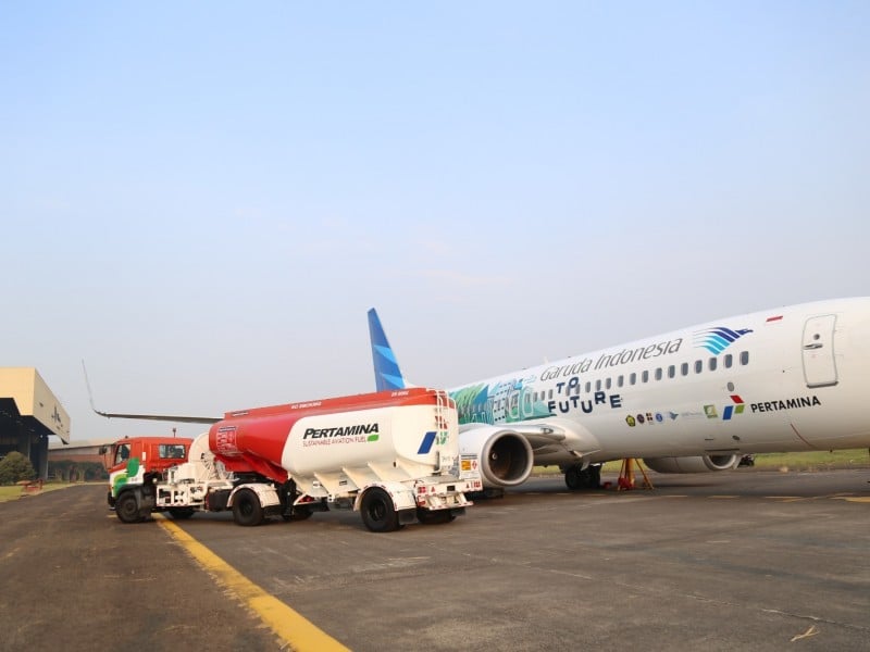 Pertamina bersama dengan Garuda Indonesia telah melakukan penerbangan komersil perdana menggunakan bahan bakar ramah lingkungan, Pertamina Sustainable Aviation Fuel (SAF) atau Bioavtur pada 27 Oktober 2023/Pertamina