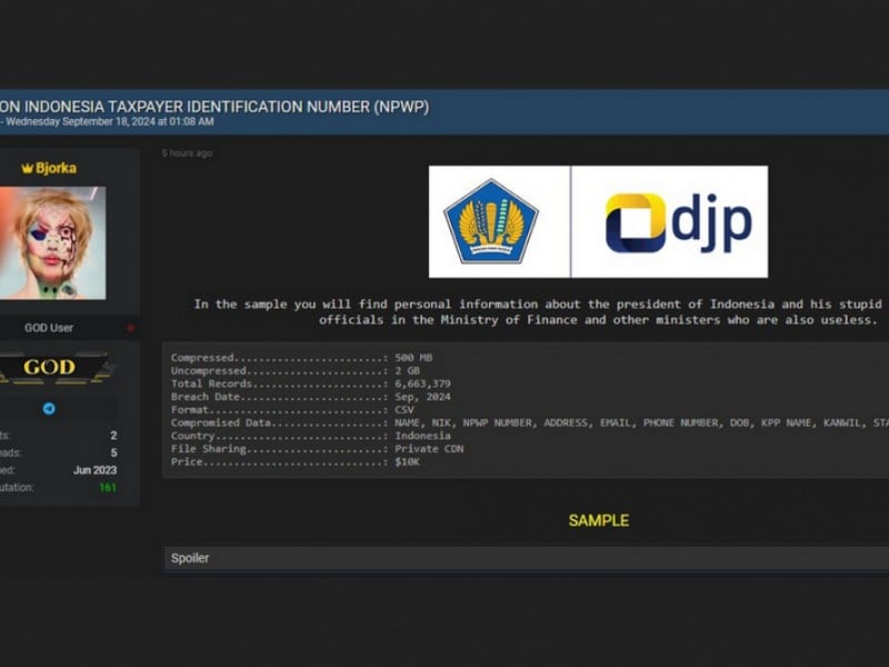 Akun Bjorka diduga membocorkan data NPWP dari Ditjen Pajak Kemenkeu. Sejumlah data pribadi dari Presiden Jokowi dan anak-anaknya, Gibran dan Kaesang, hingga sejumlah pejabat disebut terdapat dalam kebocoran data itu. / dok. Breach Forums via @secgron 