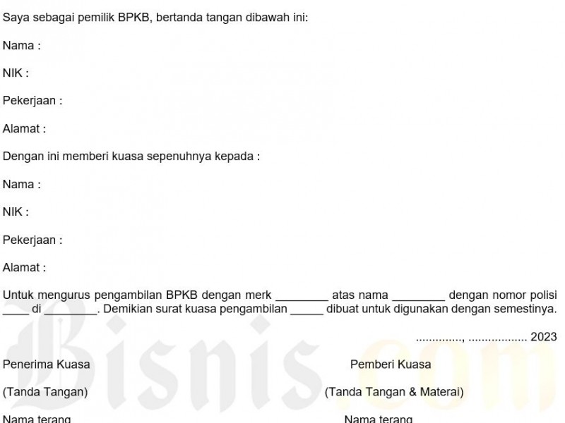 contoh surat kuasa pengambilan BPKB (Bisnis- Rizky Nurawan)