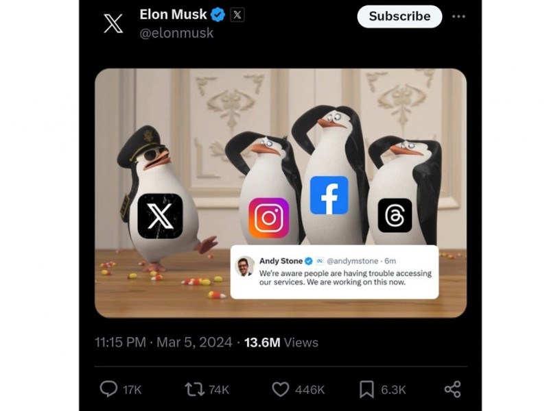 Meme Elon Musk soal Instagram dan Facebook down.