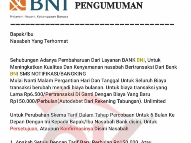 Awas Penipuan! Waspada Pesan WA Tarif Transaksi BNI Naik jadi Rp150.000