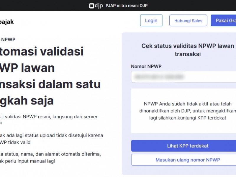 Hasil pengecekan NPWP diduga milik Presiden Jokowi di situs Klik Pajak pada Jumat (20/9/2024).