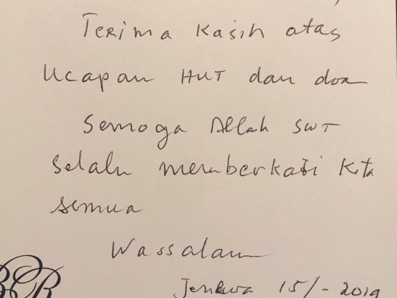 Ulang Tahun ke-77 : Lewat Secarik Kertas Hotel, Wapres Jusuf Kalla Sampaikan Terima Kasih