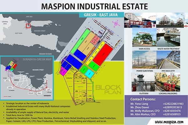 Maspion Group dan DP World Akan Membangun Pelabuhan Peti Kemas Internasional  Kawasan Logistik Industri  di Gresik, Jawa Timur, dengan Nilai Investasi Sekitar US$ 1,2 Miliar.