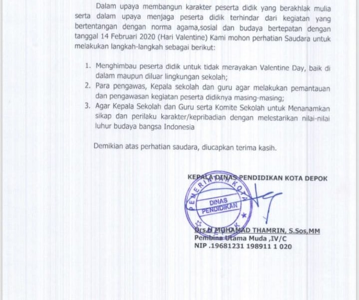 Pemkot Depok Larang Pelajar Rayakan Hari Valentine