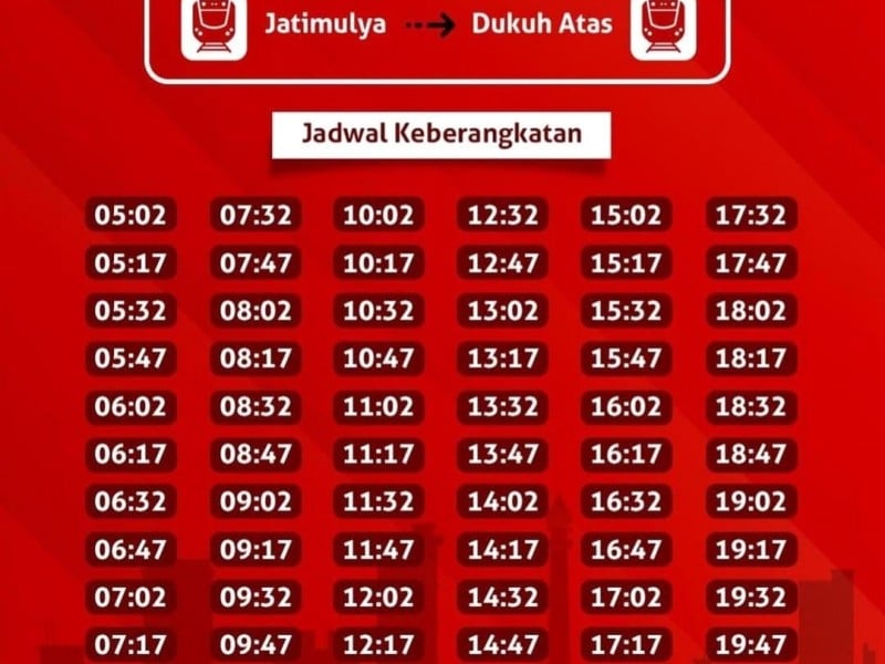 Jadwal LRT Jabodebek Jatimulya Dukuh Atas