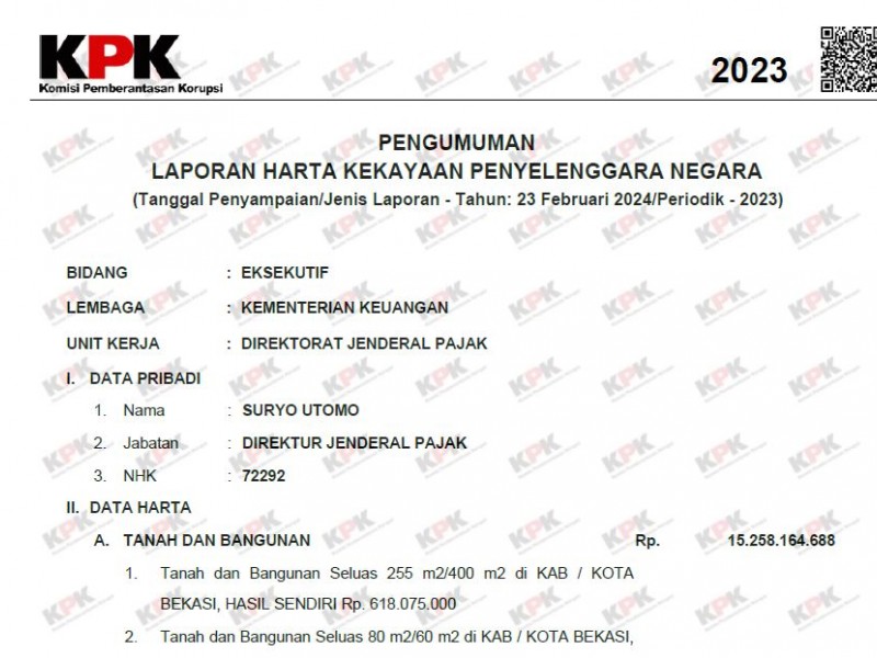 LHKPN 2023 Direktur Jenderal Pajak Suryo Utomo. / dok. KPK