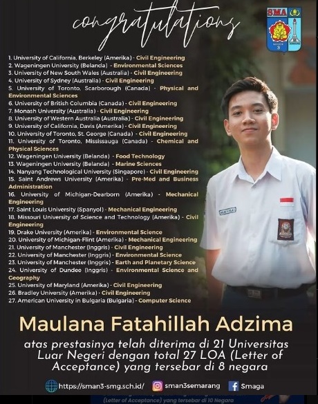 Keren! Maulana Fatahillah, Siswa Asal Semarang Diterima di 21 Universitas Luar Negeri