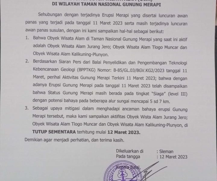 Pengumuman! Taman Nasional Gunung Merapi Ditutup Mulai 12 Maret