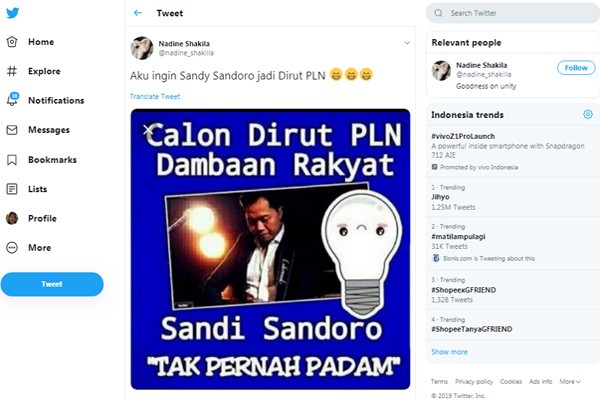 Listrik Padam Total, Warganet malah Minta Dirut PLN Diganti Sandy Sandoro