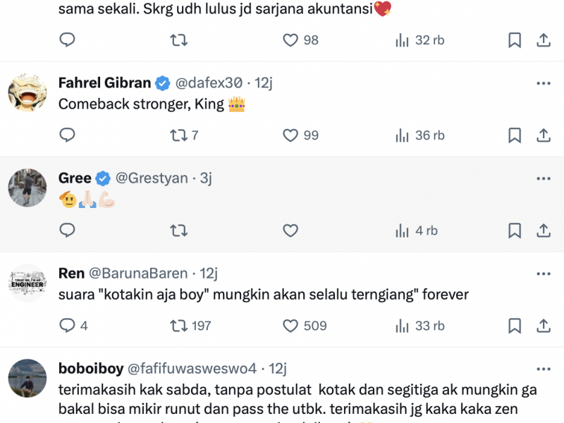 Tangkapan layar ucapan terima kasih Warganet kepada Zenius