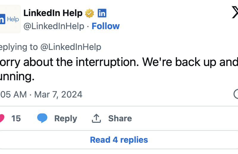 Tangkapan layar permohonan maaf LinkedIn setelah alami gangguan
