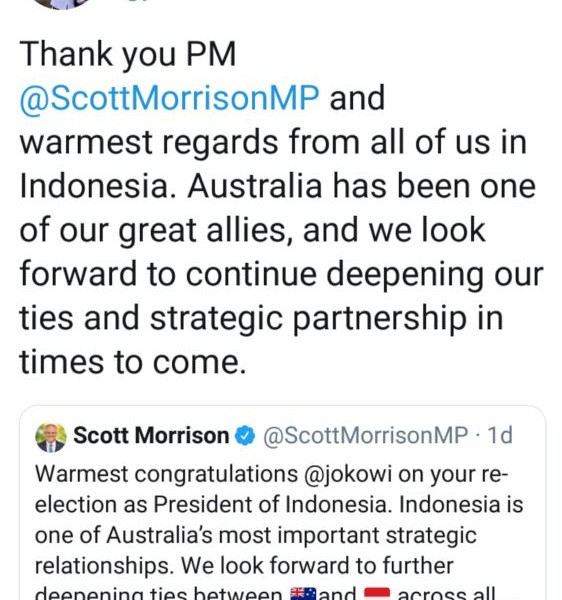 Lewat Twitter, Presiden Jokowi Balas Ucapan Selamat dari PM Australia Scott Morisson