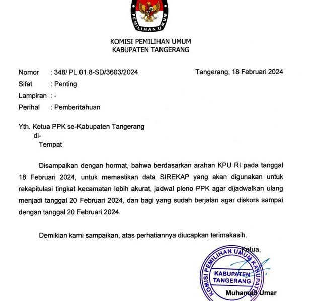 Surat KPU Kabupaten Tangerang terkait penundaan rekapitulasi suara di tingkat kecamatan.