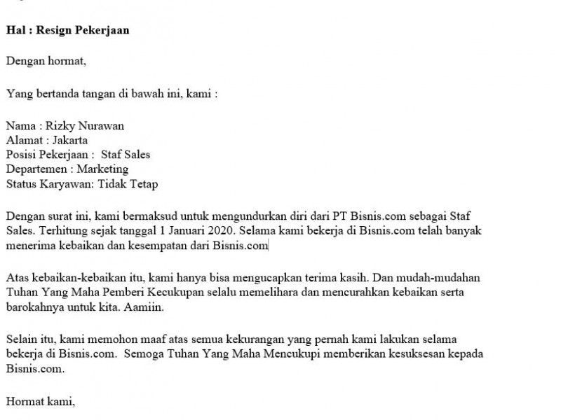 surat pengunduran diri kerja dari pabrik