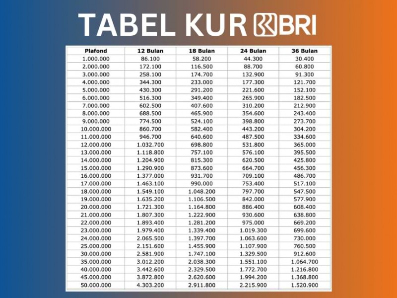 Tabel angsuran KUR Bank BRI.