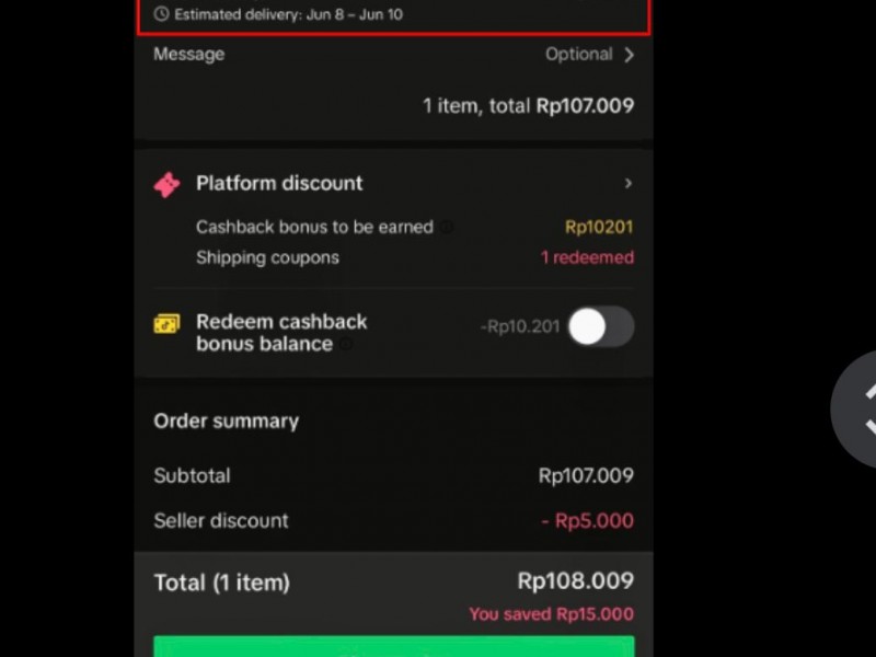 Tampilan pengiriman di TikTok Shop