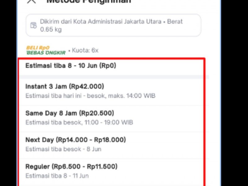 Tampilan Pengiriman di Tokopedia