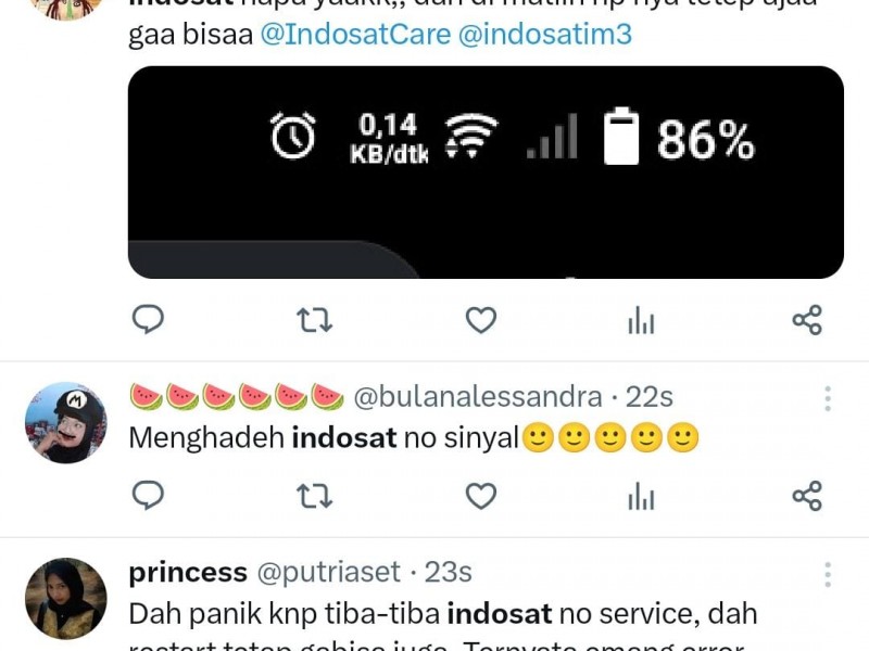 Tangkapan layar keluhan warganet soal jaringan Indosat yang hilang