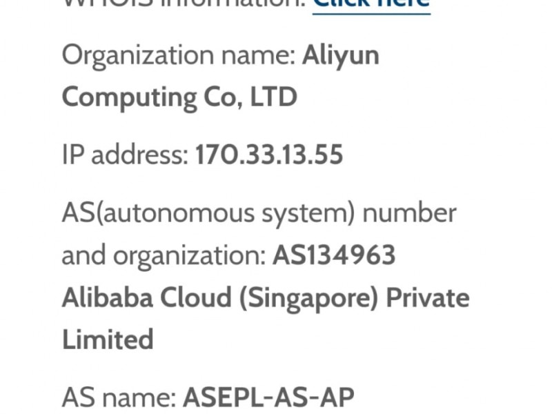 Tangkapan layar alamat IP Sirekap yang terhubung dengan Alibaba Cloud Singapura