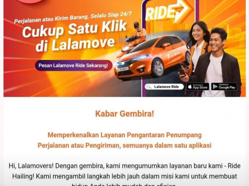 Tangkapan layar pengumuman Lalamove Ride