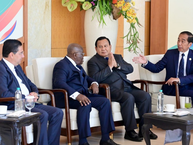 Presiden Joko Widodo bersama Prabowo Subianto saat menerima tamu delegasi yang menghadiri High-Level Forum on Multi-Stakeholder Partnerships (HLF MSP) dan Indonesia-Africa Forum (IAF) ke-2 Joint Leaders Session 2024/Setpres