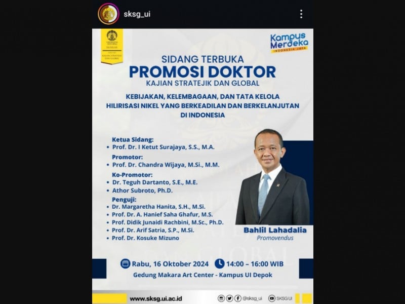 Bahlil Selesaikan Program Doktor di UI Kurang dari 2 Tahun, Sidang Promosi Siang Ini