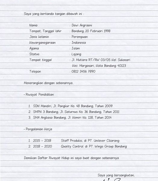 Contoh daftar riwayat hidup tulis tangan./Pinterest