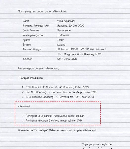 Contoh daftar riwayat hidup tulis tangan./Pinterest