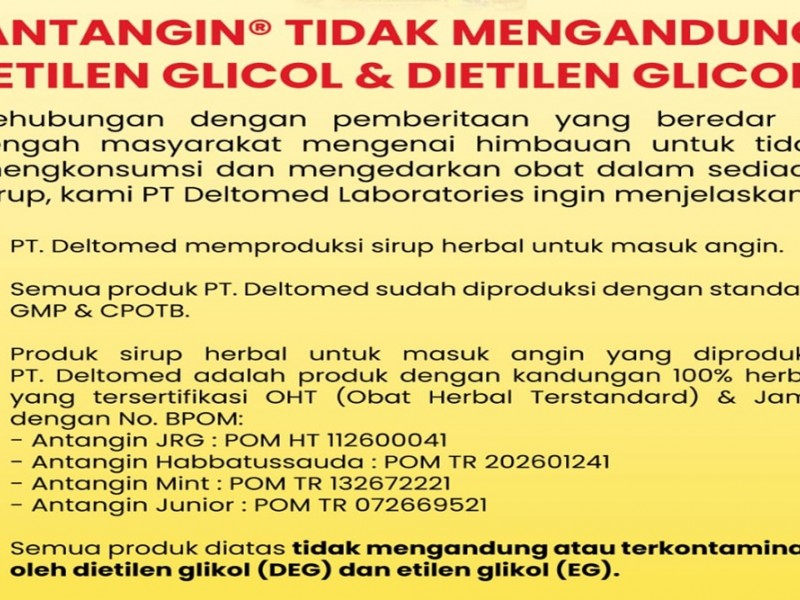 Deltomed Laboratories Klaim Produknya Tidak Mengandung Etilen Glikol dan Dietilen Glikol