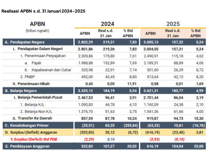 Realisasi APBN per Januari 2025, dalam dokumen APBN KiTa yang sempat muncul di situs Kemenkeu pada Rabu (12/3/2025) pagi. / dok Kemenkeu