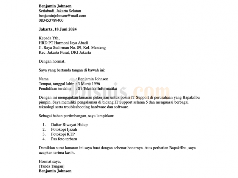 Contoh surat lamaran kerja di PT posisi operator forklift