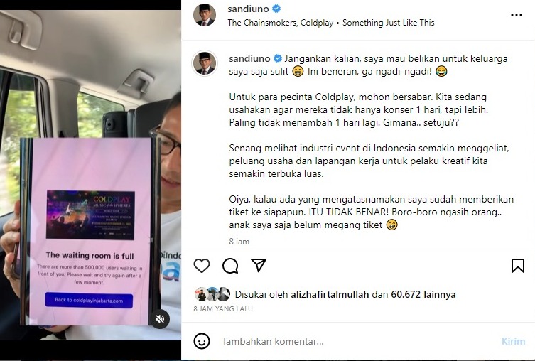 sandiaga uno war tiket coldplay