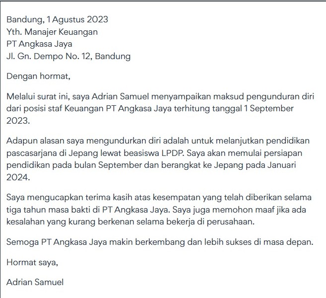 Contoh Surat Resign Kerja Profesional dan Sopan