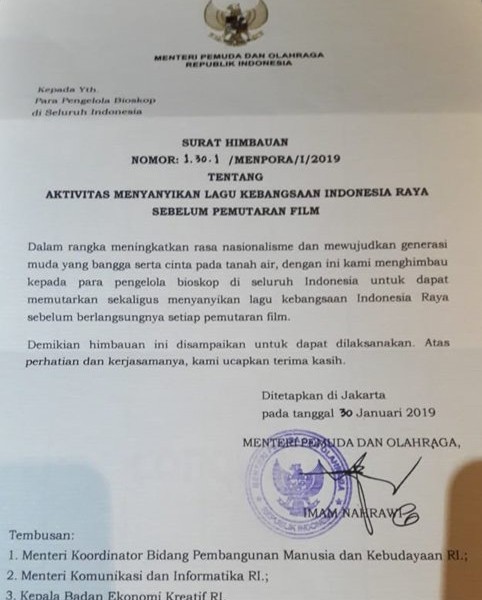 Sebelum Film Bioskop Diputar, Mulai Sekarang Penonton Harus Nyanyikan Lagu "Indonesia Raya"