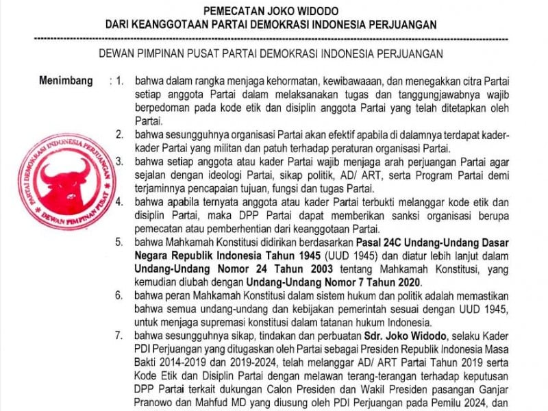 Lengkap! Isi Surat Pemecatan Jokowi, Gibran, Bobby dari PDIP