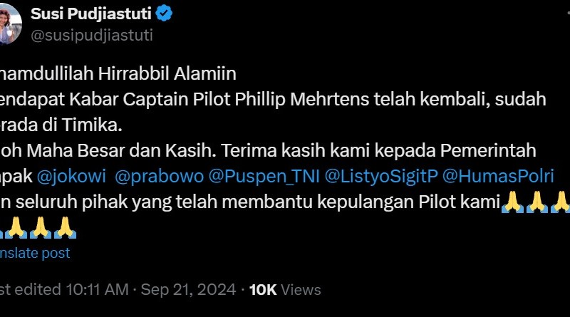 Pilot Susi Air Philip Mehrtens Bebas, Susi Pudjiastuti Bersyukur dan Apresiasi Semua Pihak