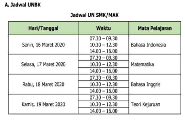 Berikut Jadwal Ujian Nasional SMA/MA dan SMP/MTs Tahun Ajaran 2019/2020