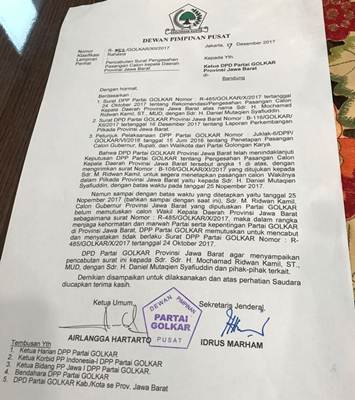 PILGUB JABAR 2018: Beredar, Surat Pencabutan Dukungan Golkar Kepada Ridwan Kamil