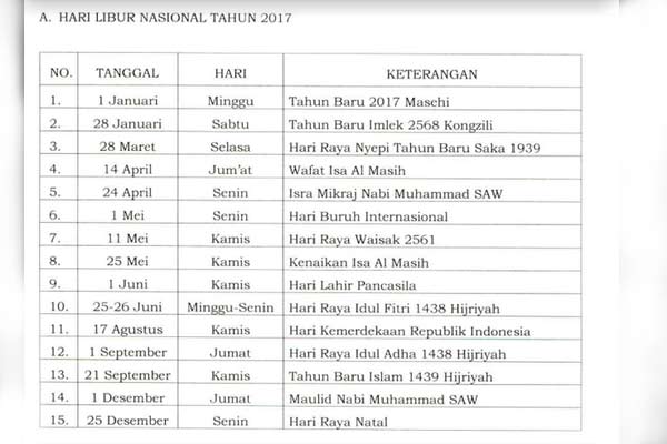 Ini Jadwal Hari Libur Nasional & Cuti Bersama 2017