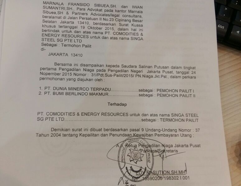 Gugatan Pailit Terhadap PT Comodities Energy Resources Ditolak Hakim