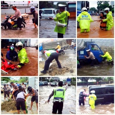 JAKARTA BANJIR 2015: Jempol untuk Om Polisi yang Ninggalin Keluarga